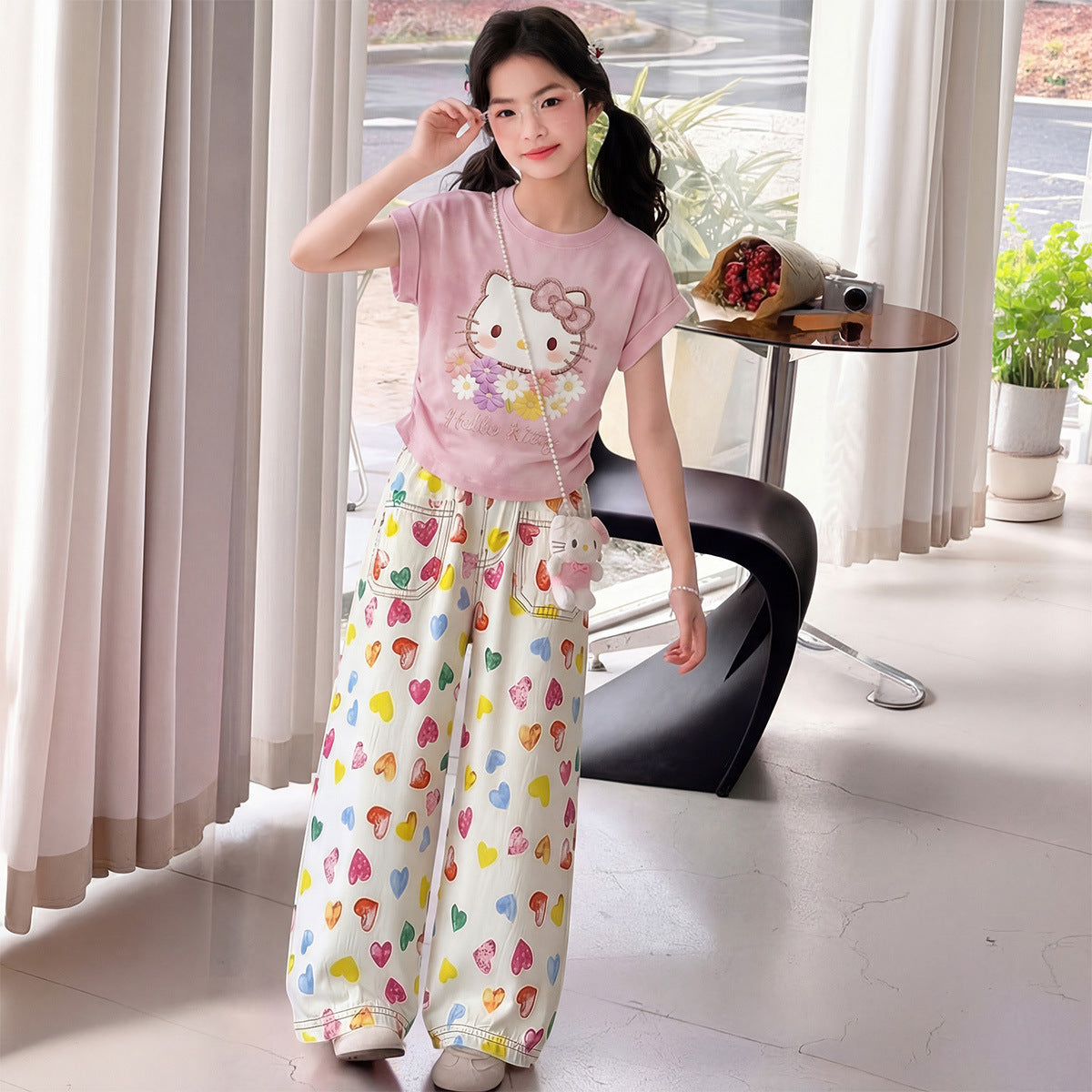 Girls KT Cat Wide Leg Set – Summer Two-Piece Outfit – Outfit Sets – Image 2