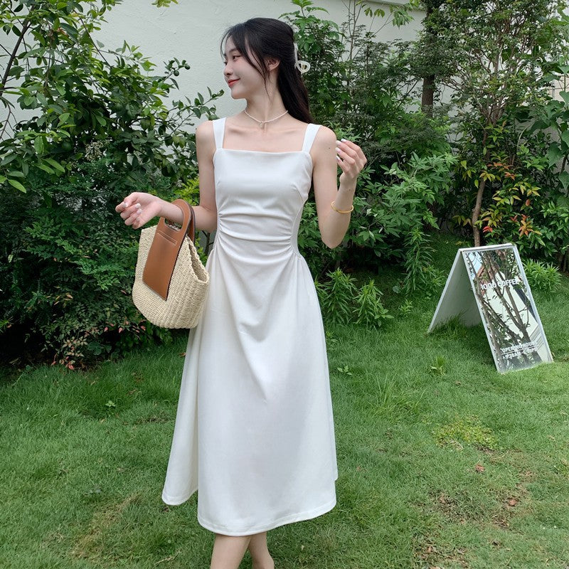 Hepburn Pleated Sling A-Line Midi Dress Women