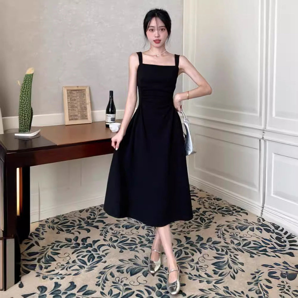 Hepburn Pleated Sling A-Line Midi Dress Women