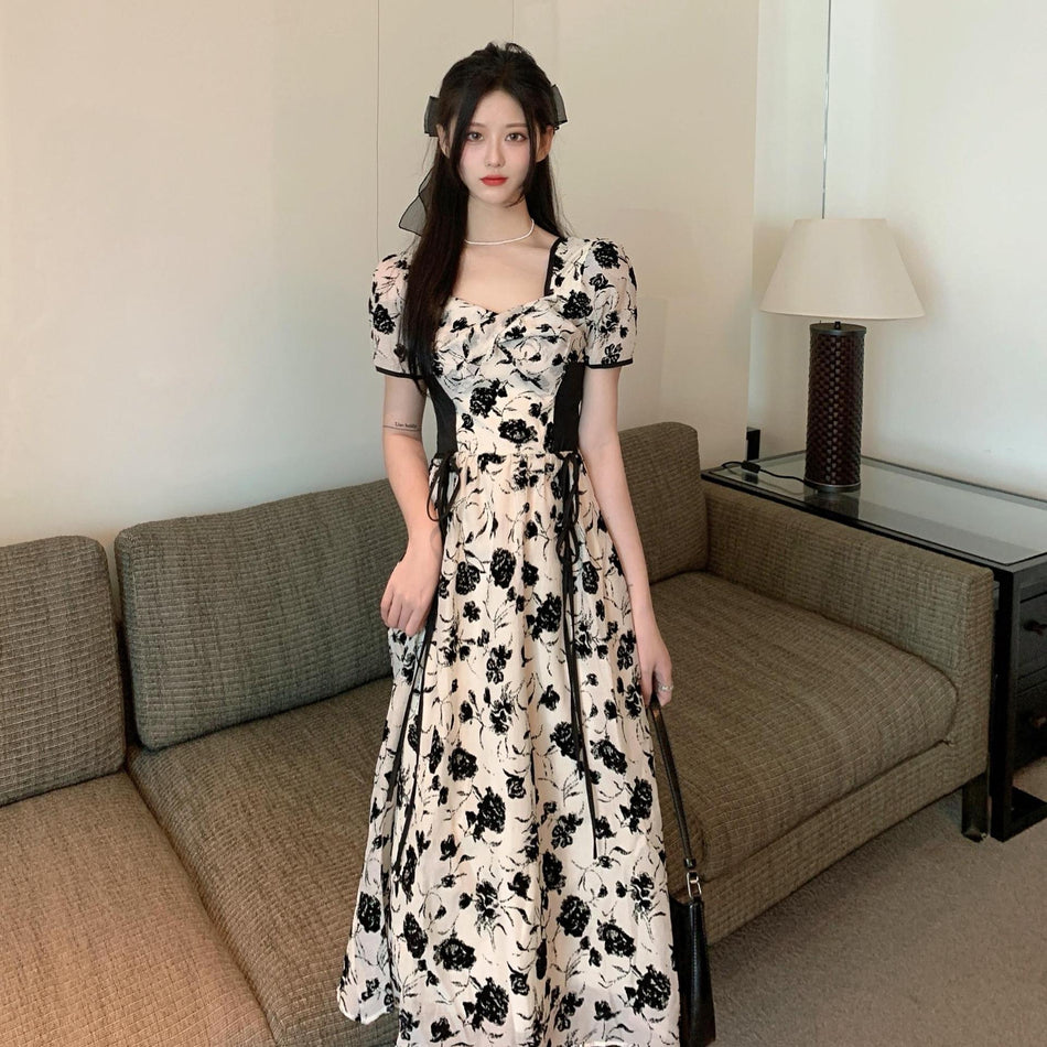 Retro Floral Square Collar Lace-Up Midi Dress Women