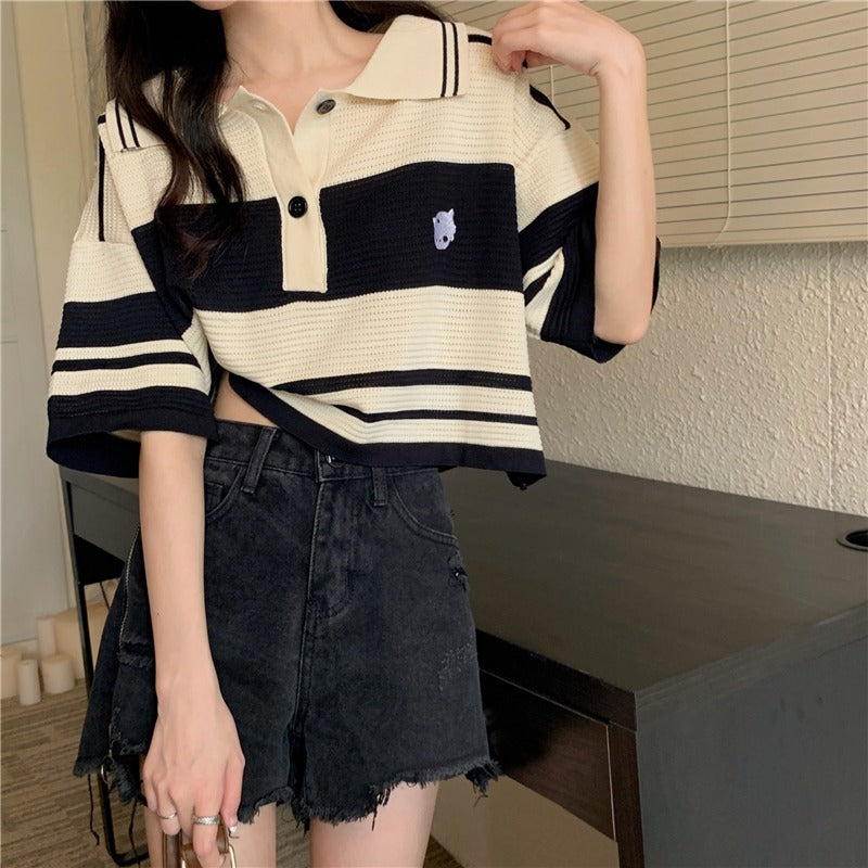 Polo Collar Striped Loose Chic Summer Top Women