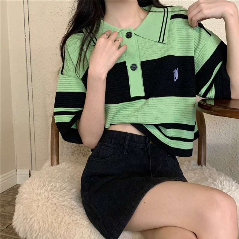 Polo Collar Striped Loose Chic Summer Top Women