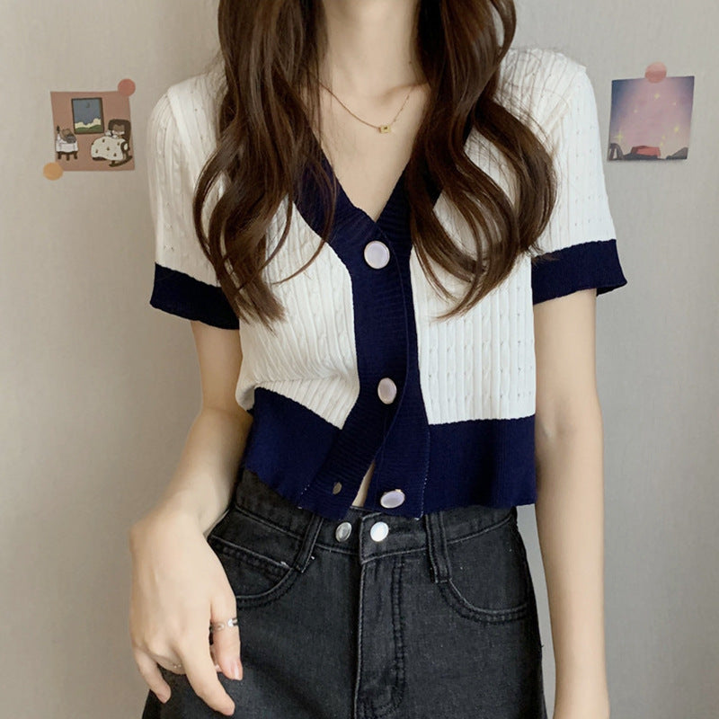 Korean V-Neck Contrast Color Summer Knit Top Women