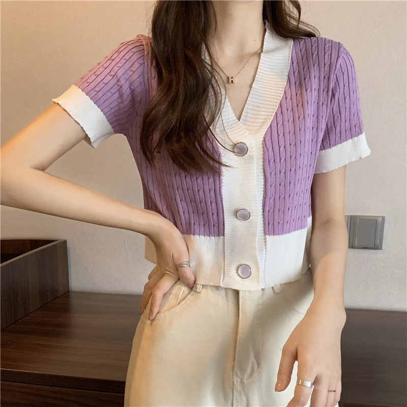 Korean V-Neck Contrast Color Summer Knit Top Women