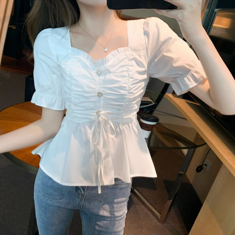 Square Collar Chiffon Slim Waist Short Top Women