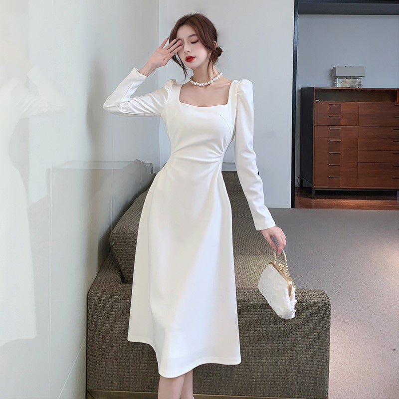 French Square Collar Black Waist Slim Long Dress