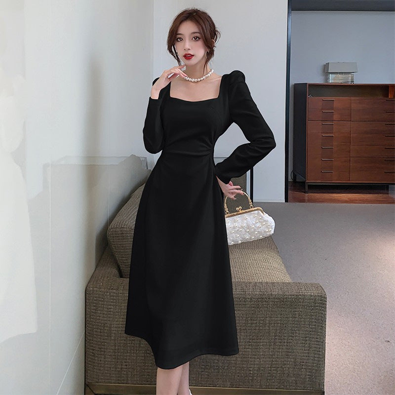 French Square Collar Black Waist Slim Long Dress