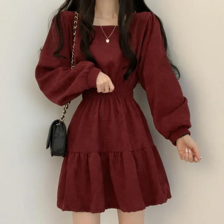 Korean Square Collar Pleated A-Line Mini Dress Women