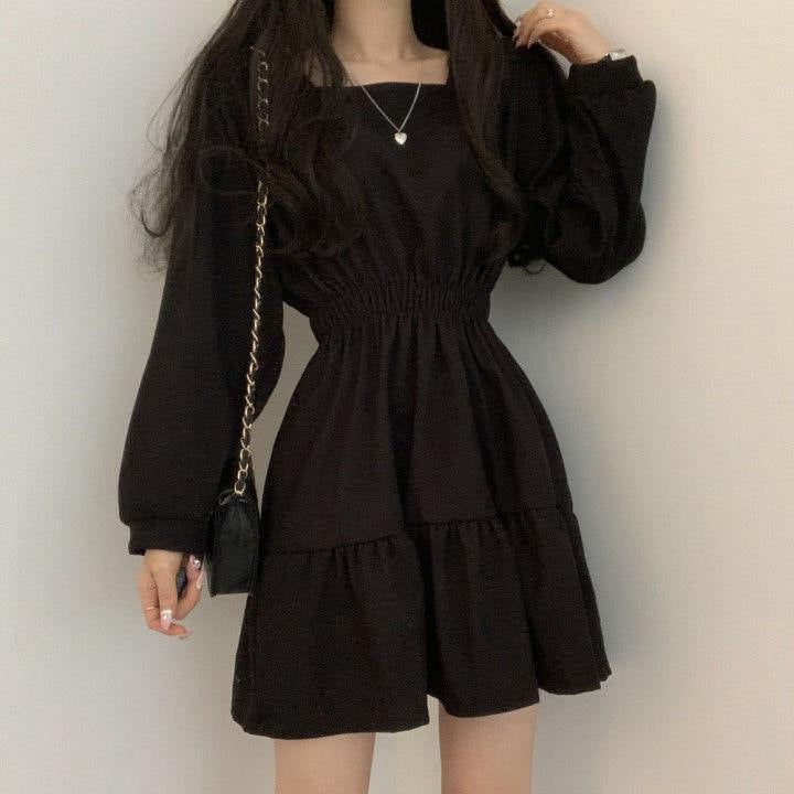 Korean Square Collar Pleated A-Line Mini Dress Women