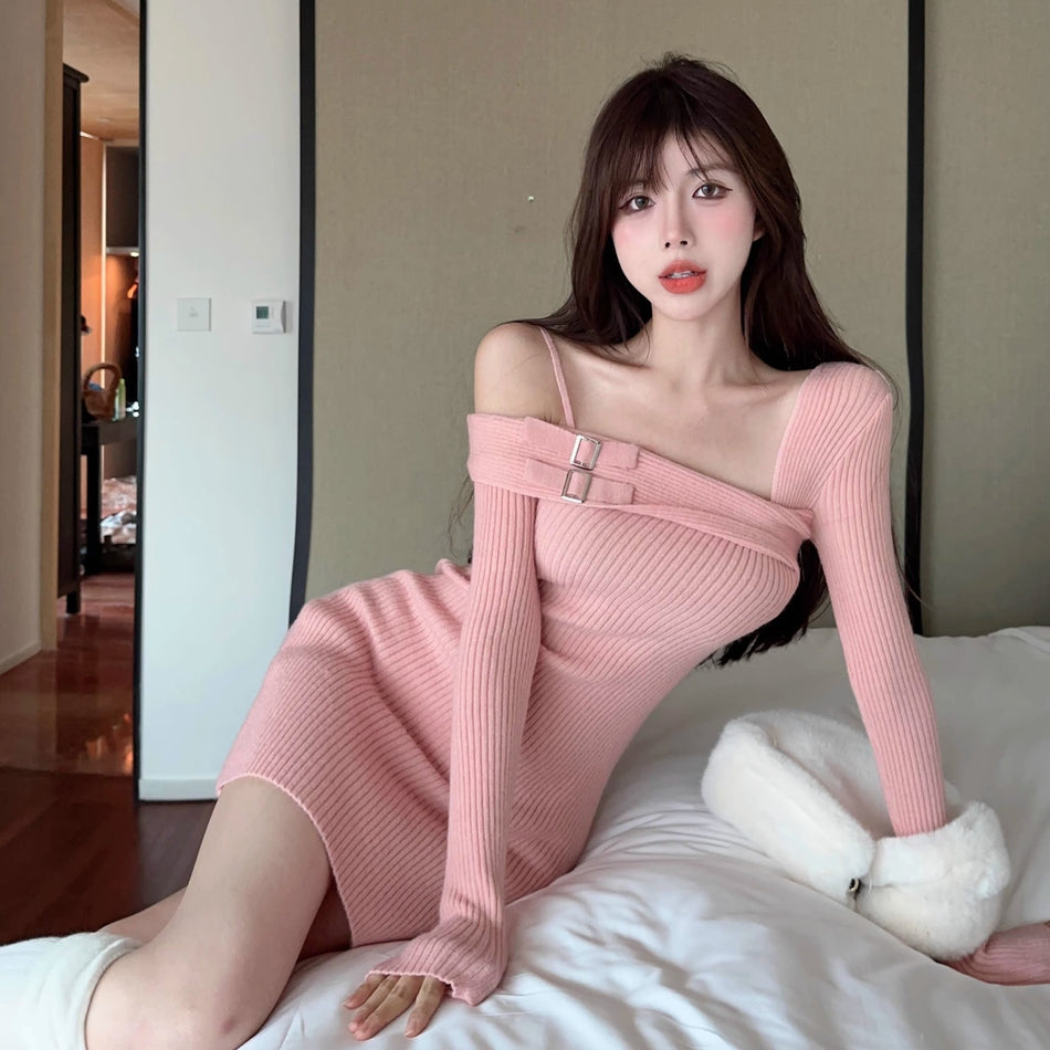 Off Shoulder Pink Knitted Slim Mini Dress Women