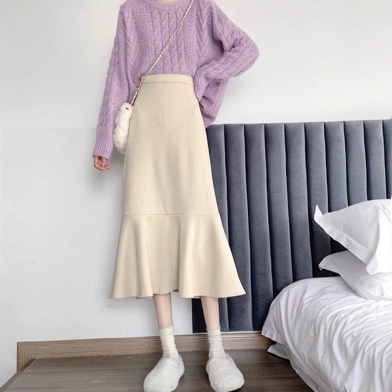 Korean Corduroy Fishtail Midi Skirt Women High Waist