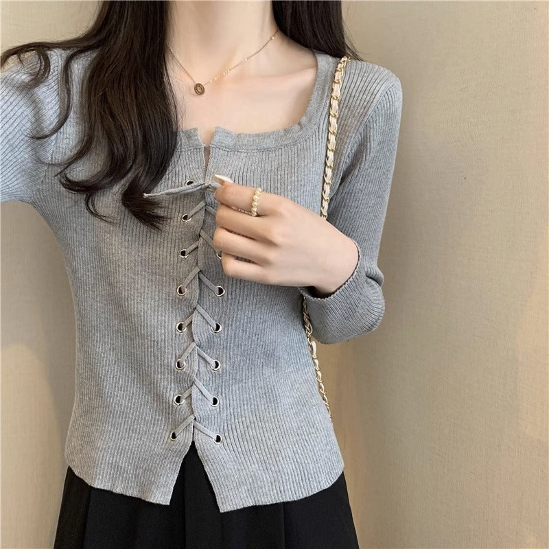Square Collar Bow Lace-Up Slim Sweater Women