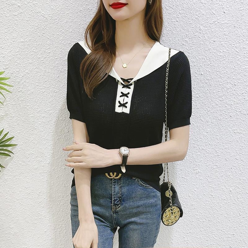 Ice Silk Navy Collar Slim Fit Knit Summer Top Women