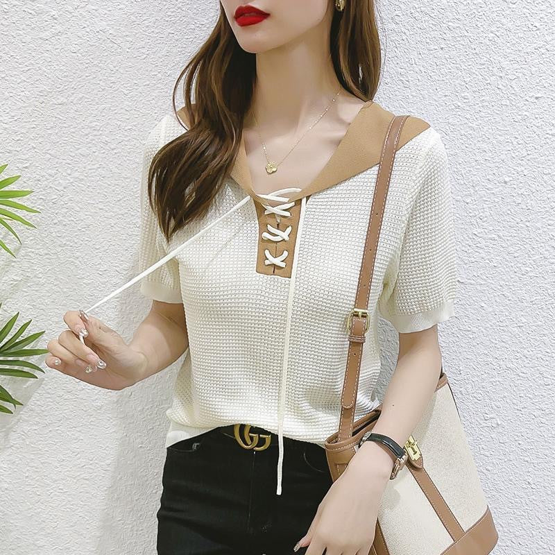 Ice Silk Navy Collar Slim Fit Knit Summer Top Women