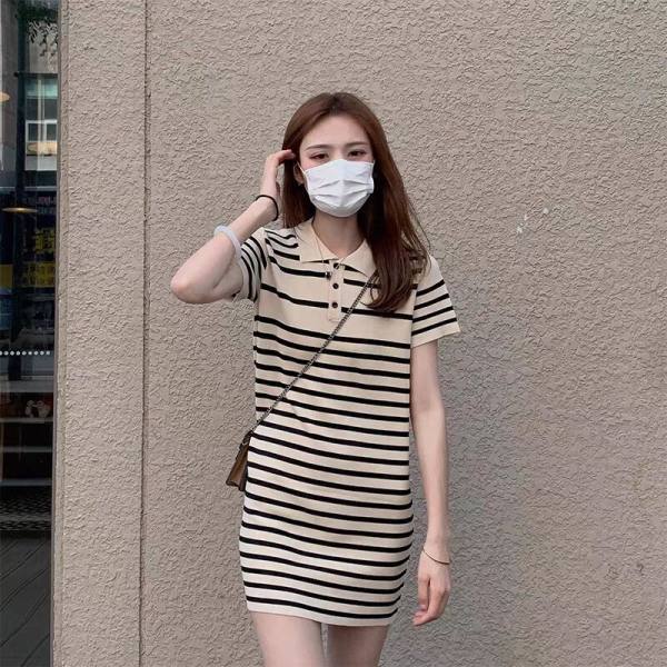 Polo Collar Striped Slim Ice Silk Midi Dress Women