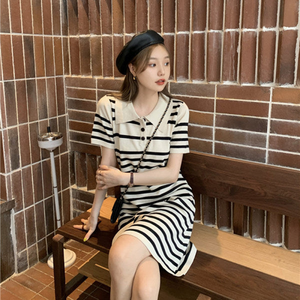 Polo Collar Striped Slim Ice Silk Midi Dress Women