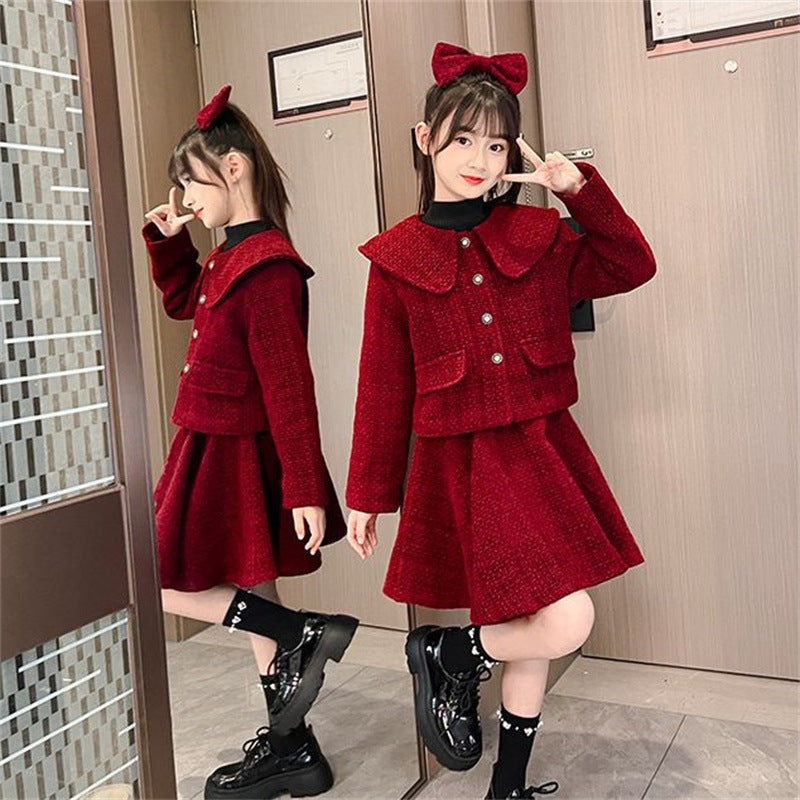 Girls Chanel Skirt Set – Winter Doll Collar Outfit – Outfit Sets – Image 1