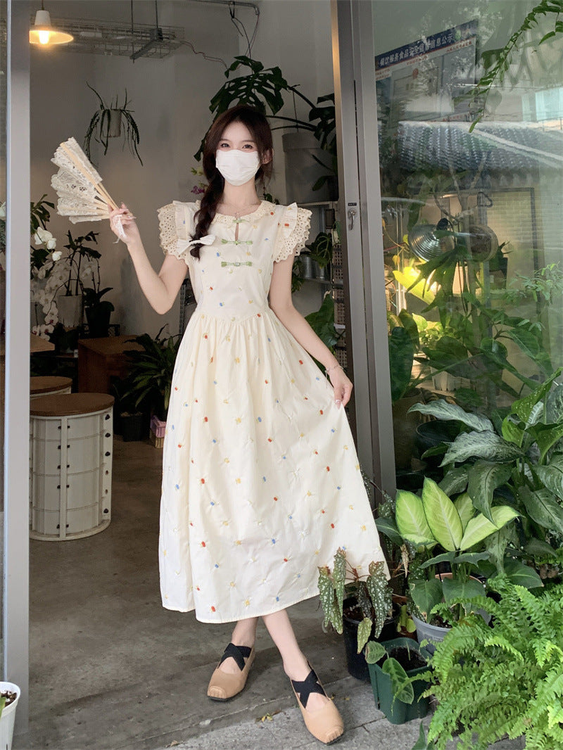 French Embroidered Floral Slim Waist Fairy Long Dress