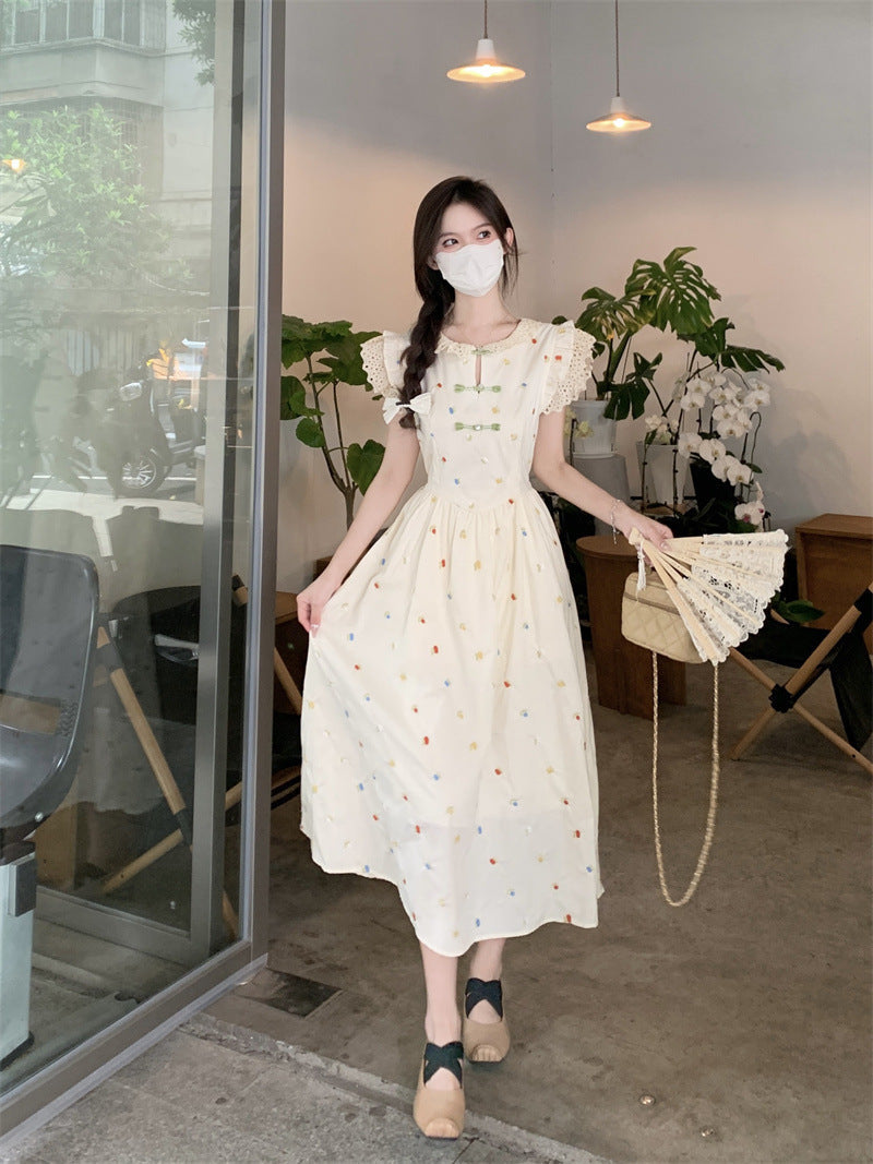 French Embroidered Floral Slim Waist Fairy Long Dress