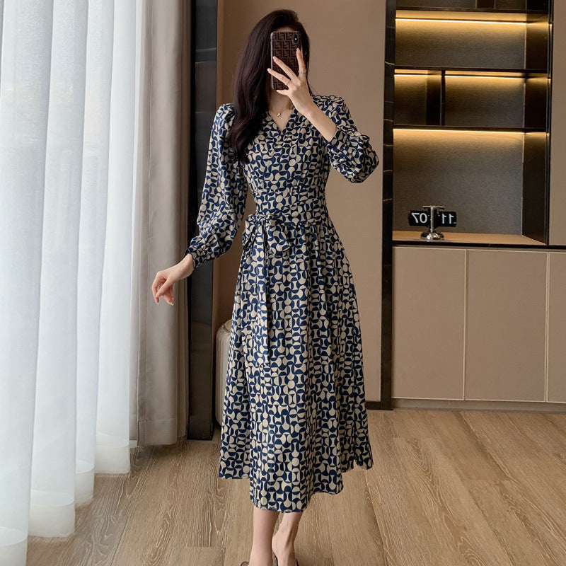Retro Floral V-Neck Lace-Up Midi A-Line Dress Women