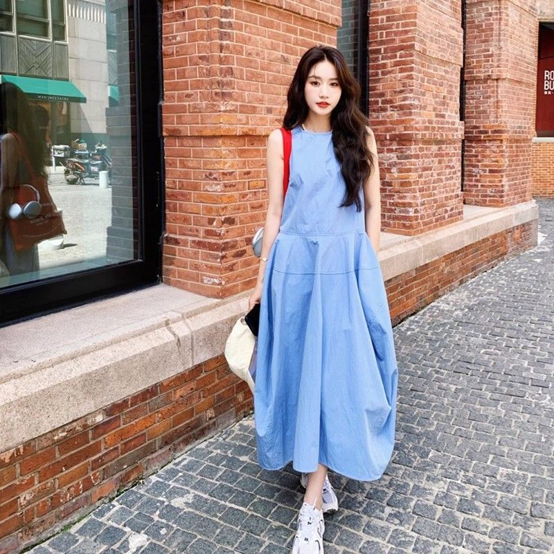 Blue Vest A-Line Slim Waist Holiday Long Dress Women