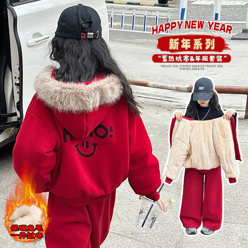 Girls Hooded Coat Set – Fleece Winter Pants Outfit – Outfit Sets – Image 2