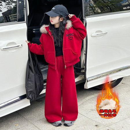 Girls Hooded Coat Set – Fleece Winter Pants Outfit – Outfit Sets – Image 1