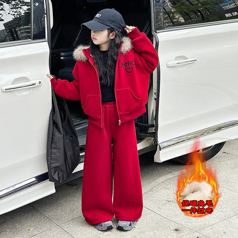 Girls Hooded Coat Set – Fleece Winter Pants Outfit – Outfit Sets – Image 1