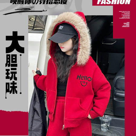 Girls Hooded Coat Set – Fleece Winter Pants Outfit – Outfit Sets – Image 4