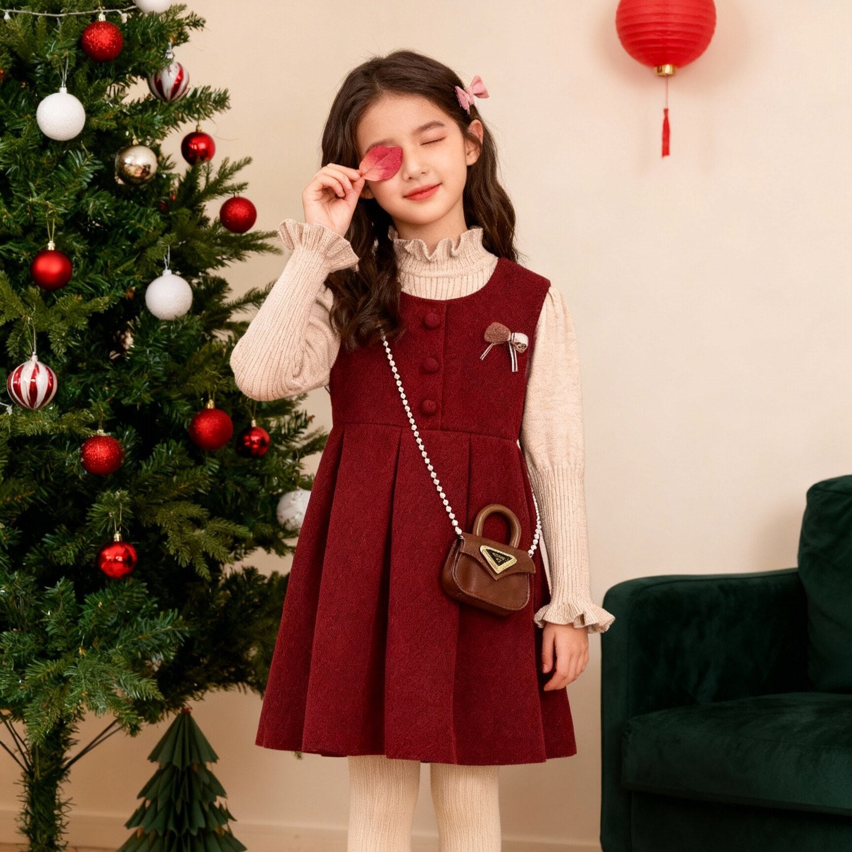 Girls Retro Red Vest Set – Winter Princess Dress – Outfit Sets – Image 1