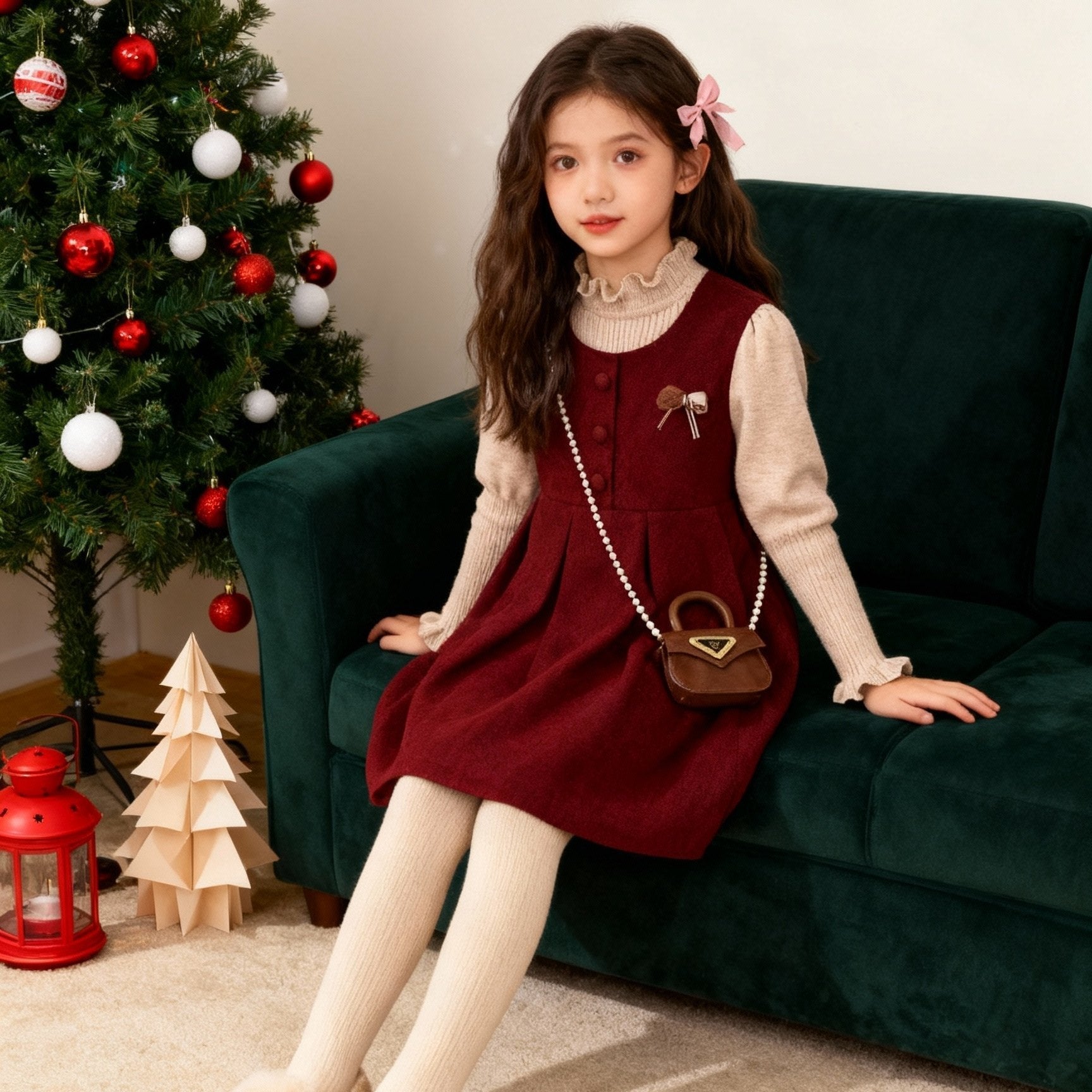 Girls Retro Red Vest Set – Winter Princess Dress – Outfit Sets – Image 3