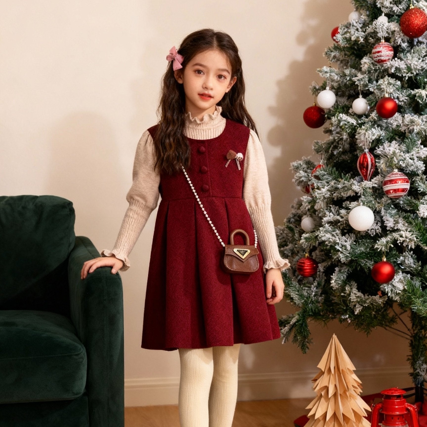 Girls Retro Red Vest Set – Winter Princess Dress – Outfit Sets – Image 4