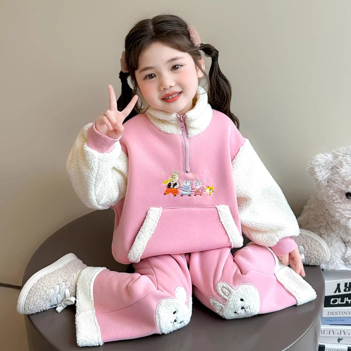 Girls Cartoon Pants Set – Winter Stand Collar Outfit – Outfit Sets – Image 1