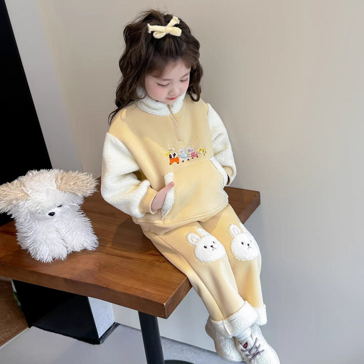 Girls Cartoon Pants Set – Winter Stand Collar Outfit – Outfit Sets – Image 2