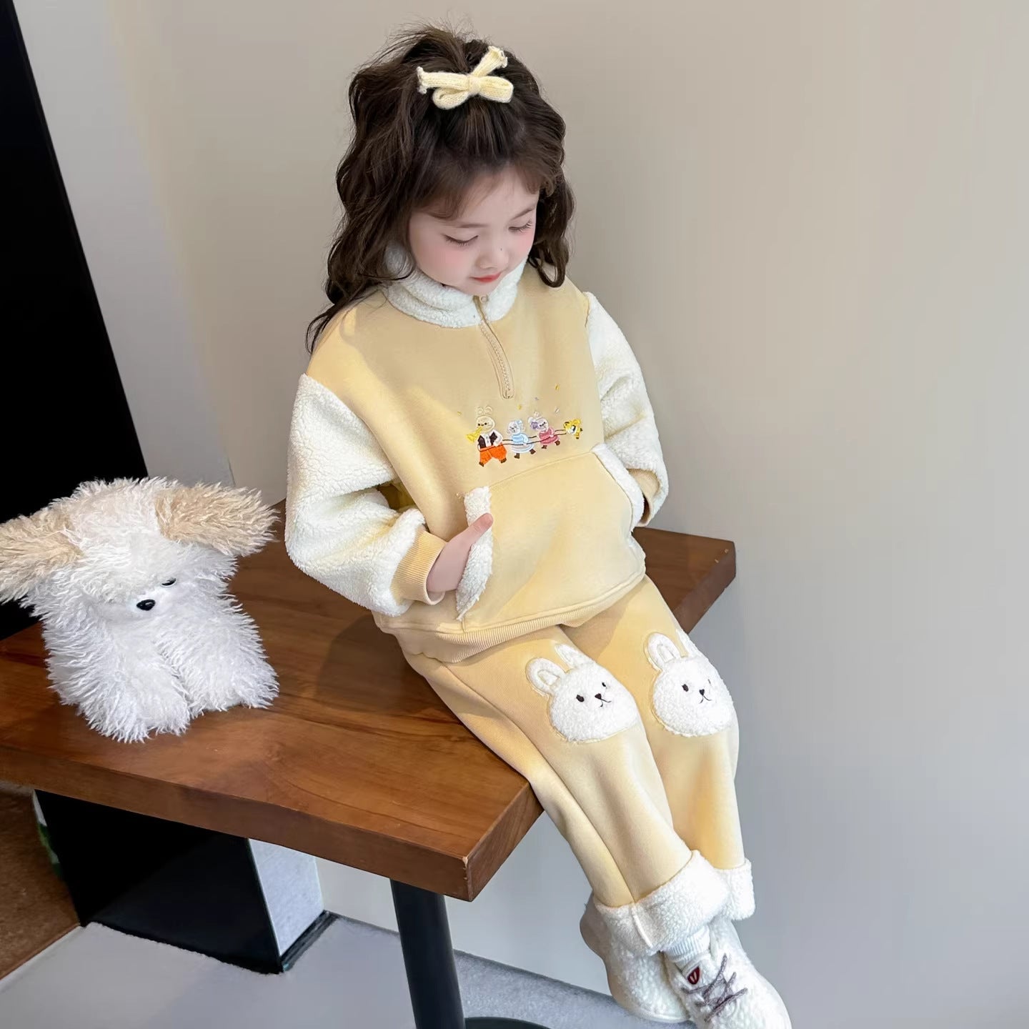 Girls Cartoon Pants Set – Winter Stand Collar Outfit – Outfit Sets – Image 2