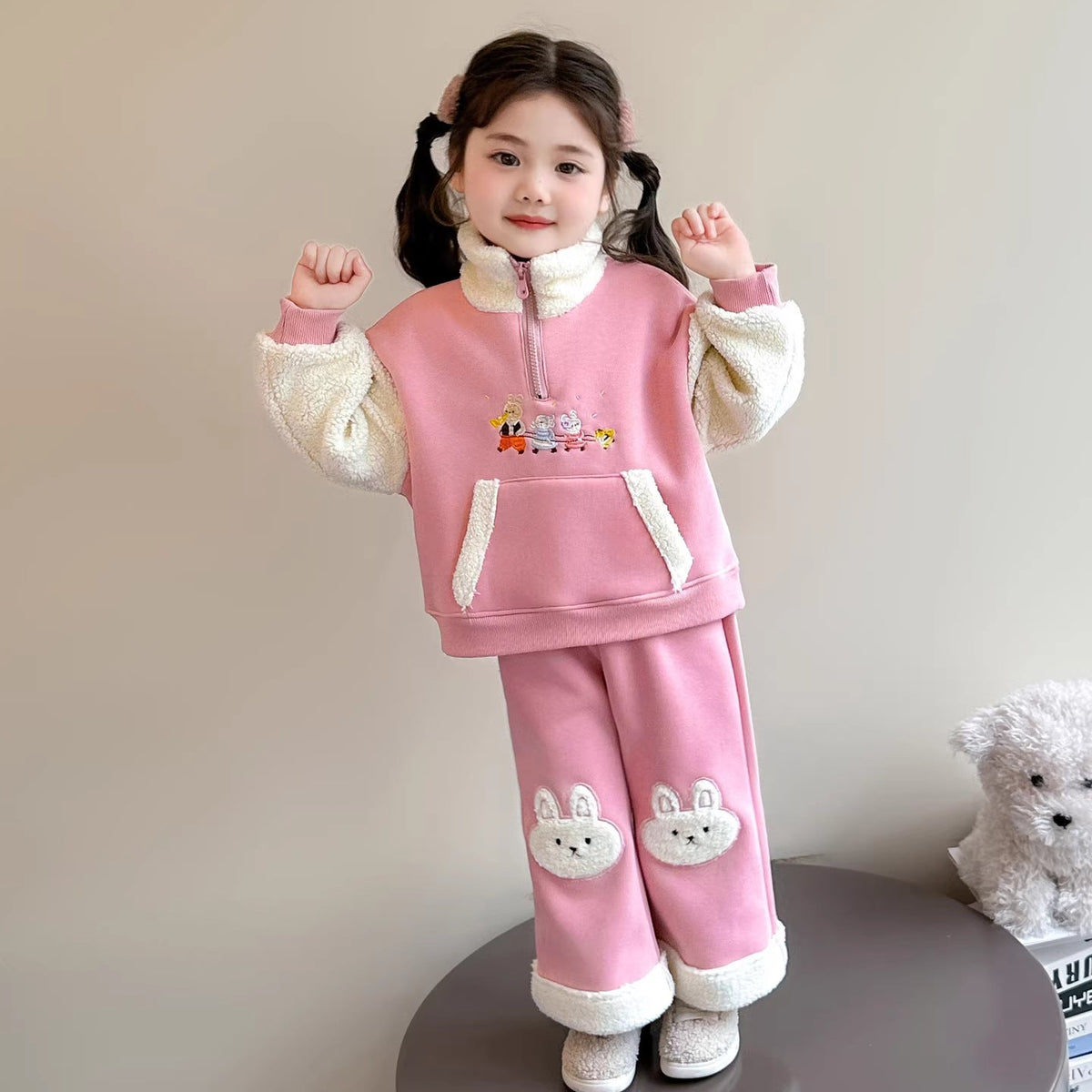 Girls Cartoon Pants Set – Winter Stand Collar Outfit – Outfit Sets – Image 3