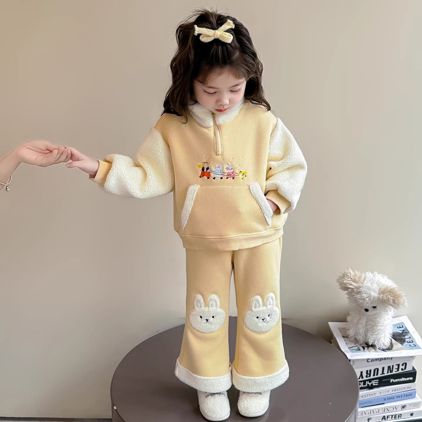 Girls Cartoon Pants Set – Winter Stand Collar Outfit – Outfit Sets – Image 4
