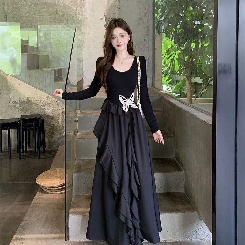 Plus Size Butterfly Ruffle Waist Slim Long Dress