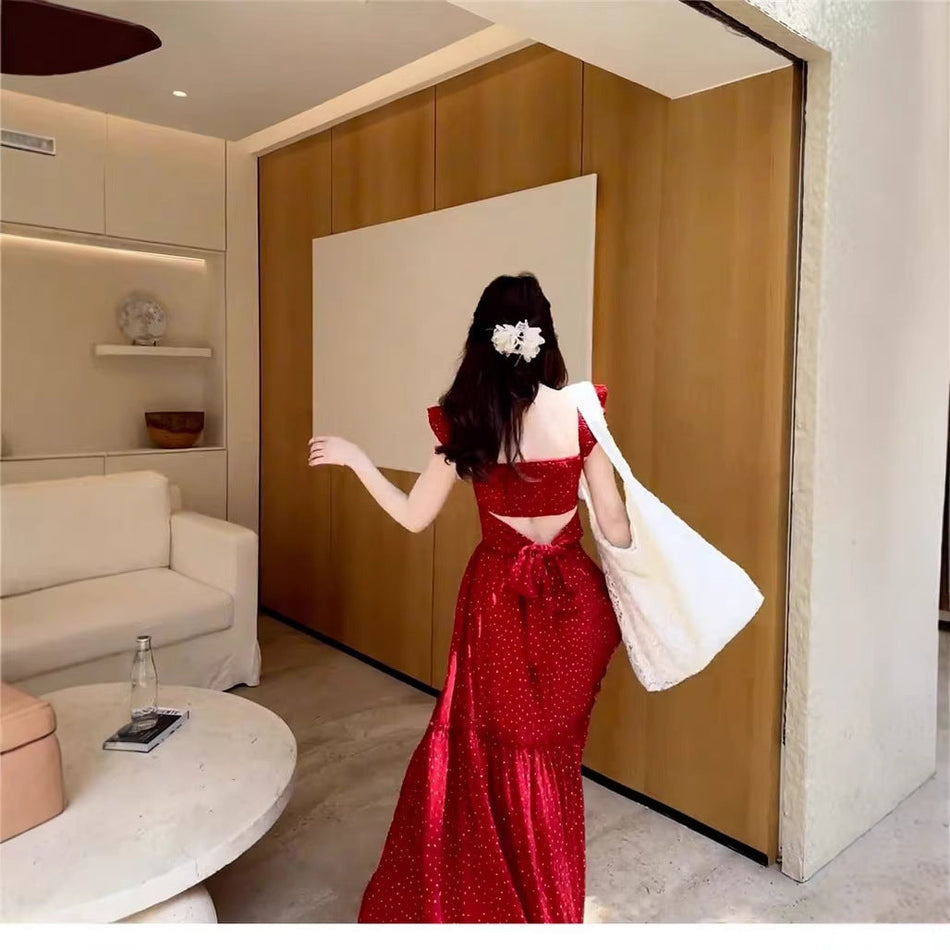 Red Polka Dot Bow Backless Strap Dress Women