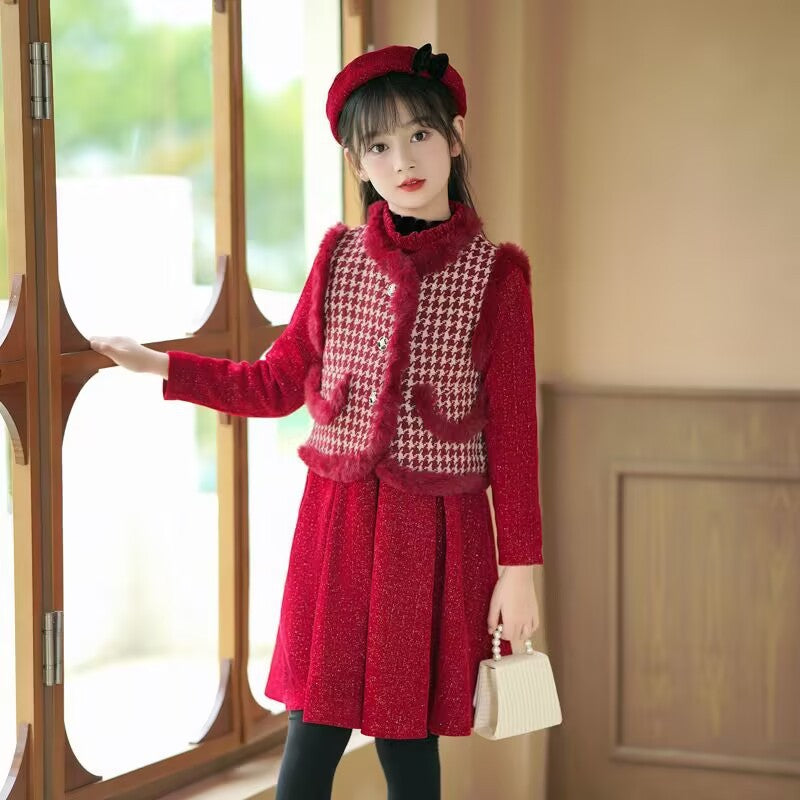 Girls Red Plaid Vest Dress Set – Winter Princess Outfit – Outfit Sets – Image 1
