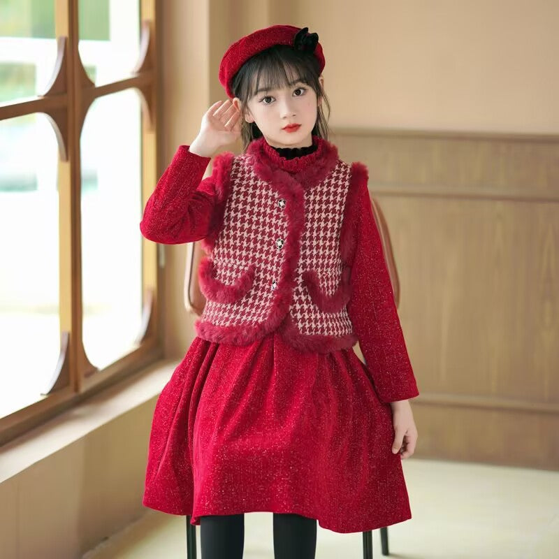 Girls Red Plaid Vest Dress Set – Winter Princess Outfit – Outfit Sets – Image 2