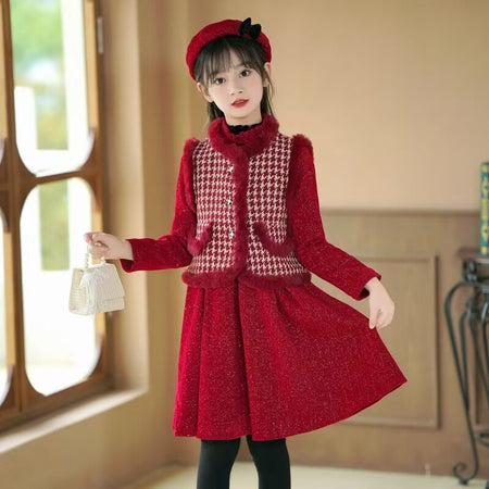 Girls Red Plaid Vest Dress Set – Winter Princess Outfit – Outfit Sets – Image 3