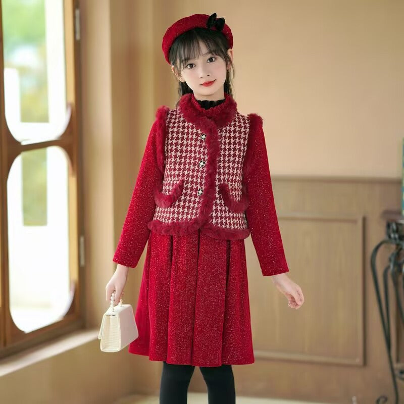 Girls Red Plaid Vest Dress Set – Winter Princess Outfit – Outfit Sets – Image 4