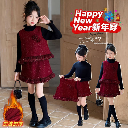 Girls Vest Skirt Set – Winter Lace 3-Piece Outfit – Outfit Sets – Image 1
