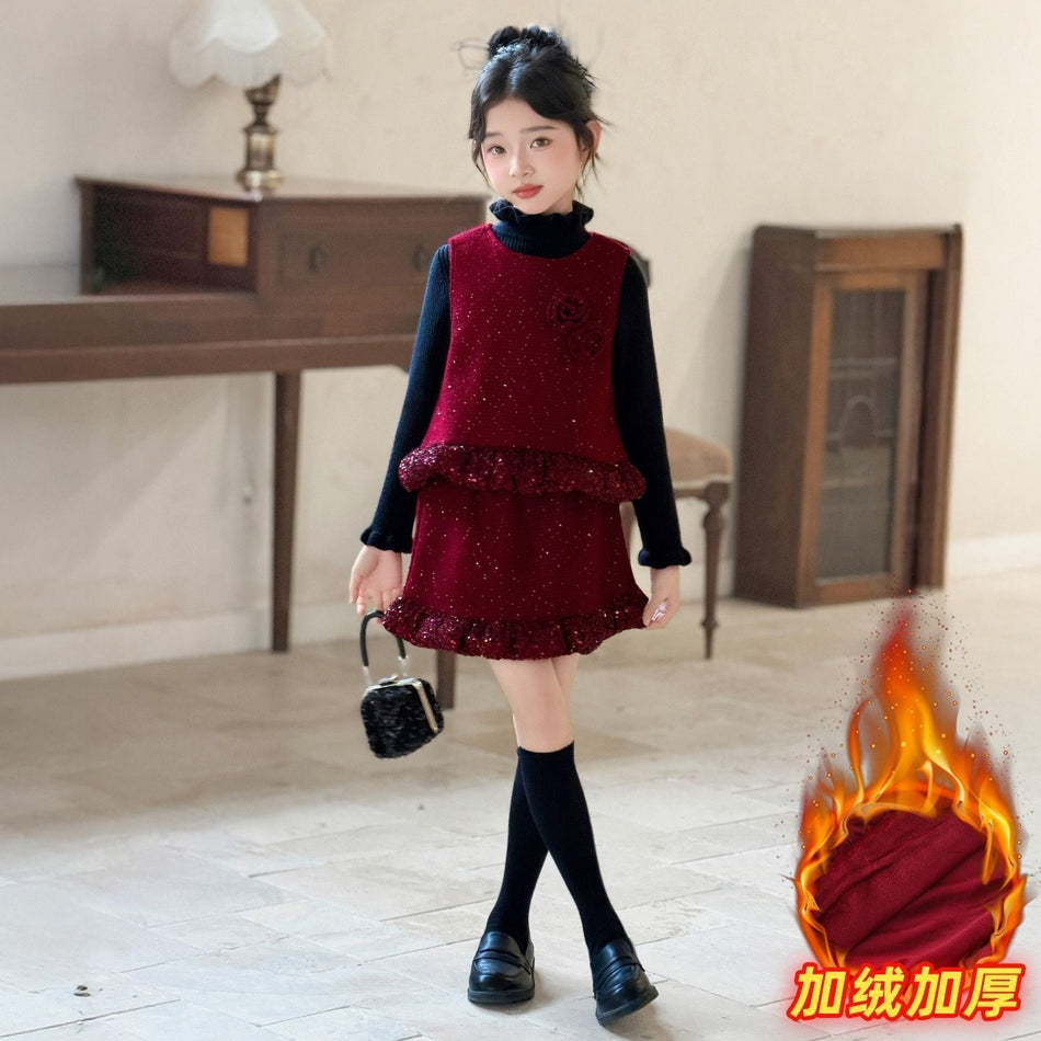 Girls Vest Skirt Set – Winter Lace 3-Piece Outfit – Outfit Sets – Image 2