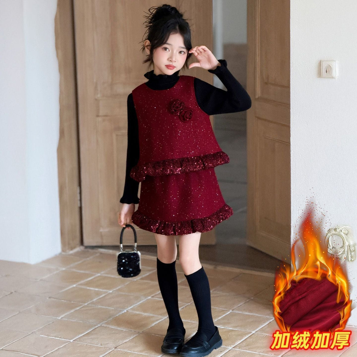 Girls Vest Skirt Set – Winter Lace 3-Piece Outfit – Outfit Sets – Image 3