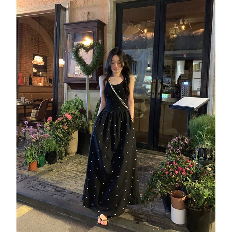 Black Polka Dot Suspender Retro Long Dress Women