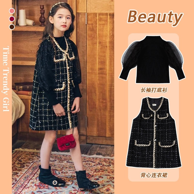 Girls Plaid Vest Dress Set – Fashion Two-Piece Outfit – Outfit Sets – Image 1