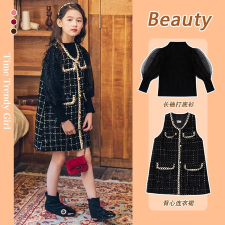 Girls Plaid Vest Dress Set – Fashion Two-Piece Outfit – Outfit Sets – Image 1