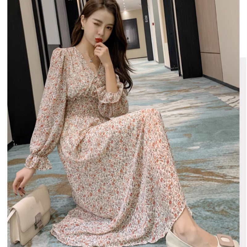 Floral V-Neck Chiffon Waisted Midi Dress Women